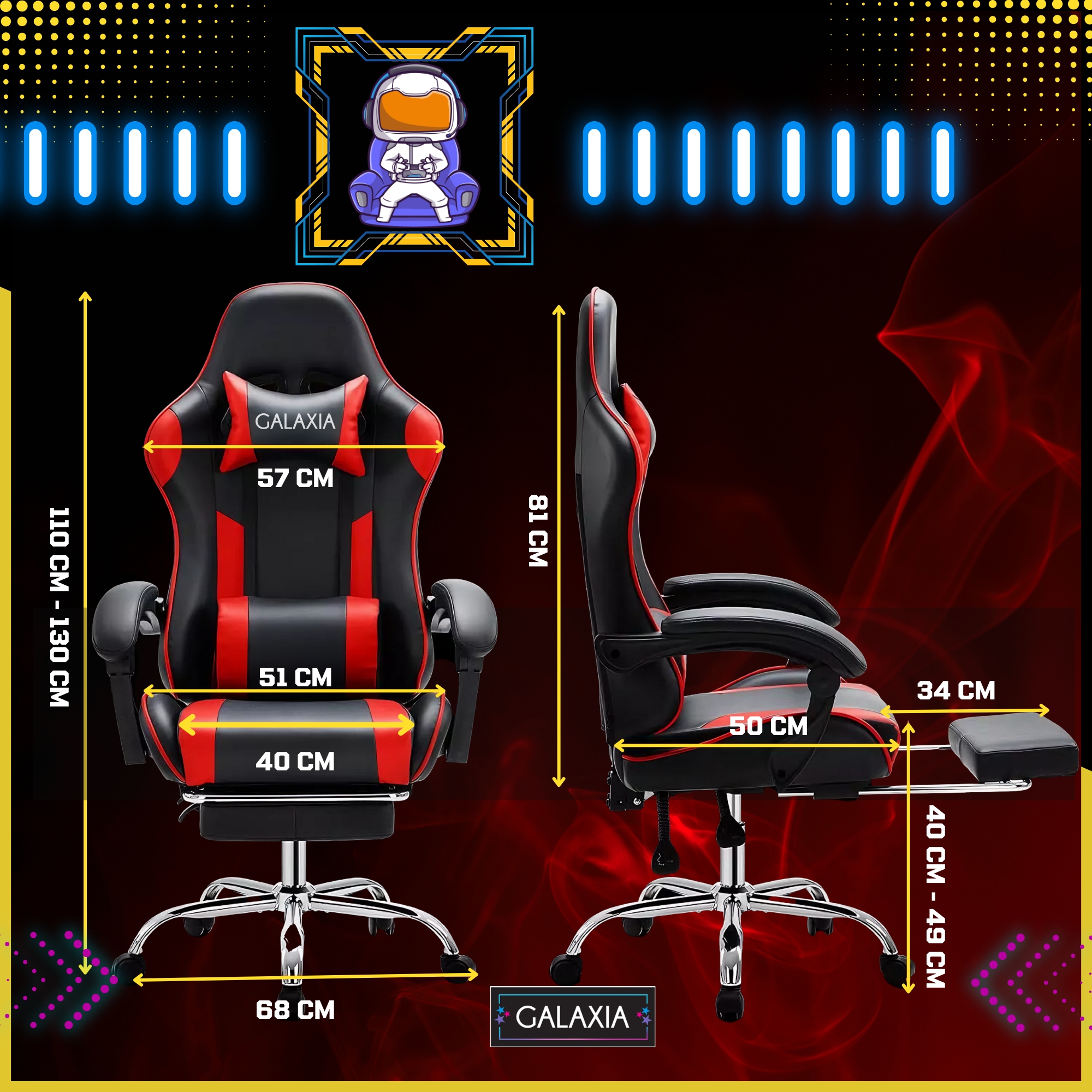 Черен и червен Galaxia® Въртящ се стол за игри с опора за крака и дишаща еко кожа
