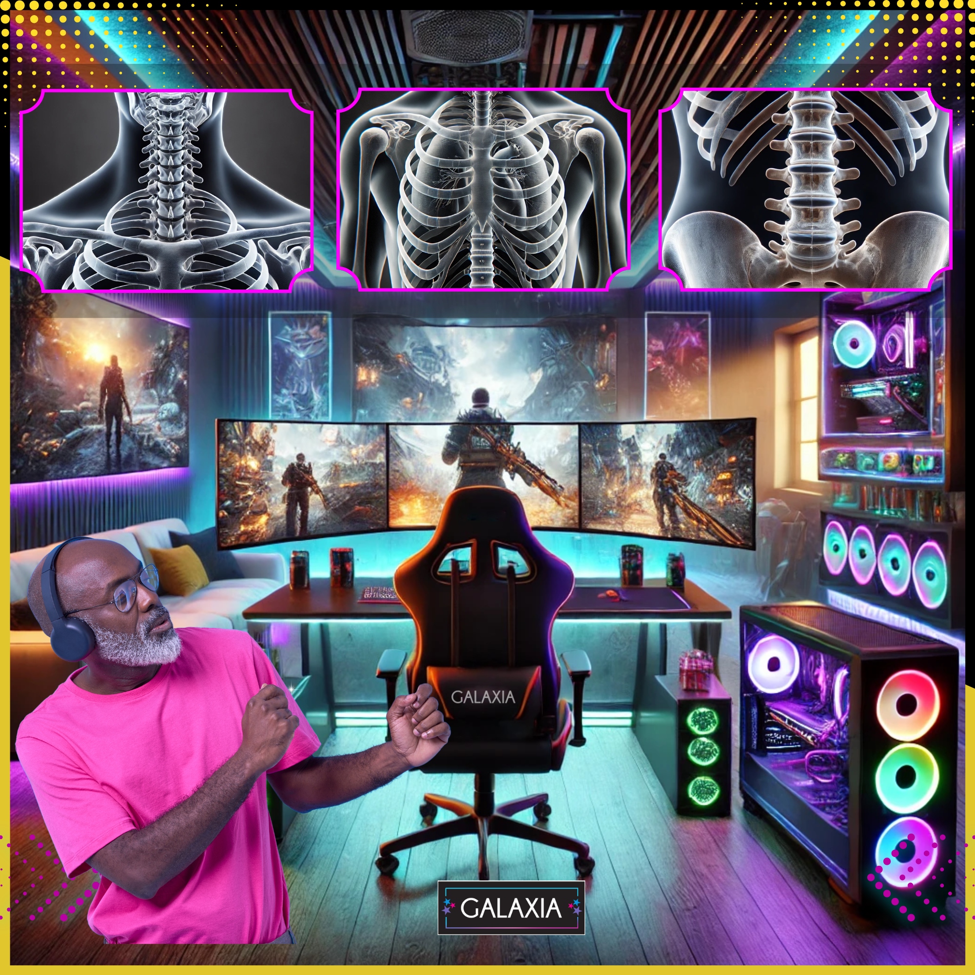Игрален стол Galaxia® с въртяща се функция, сгъваема поставка за крака и регулируема облегалка, черно и червено