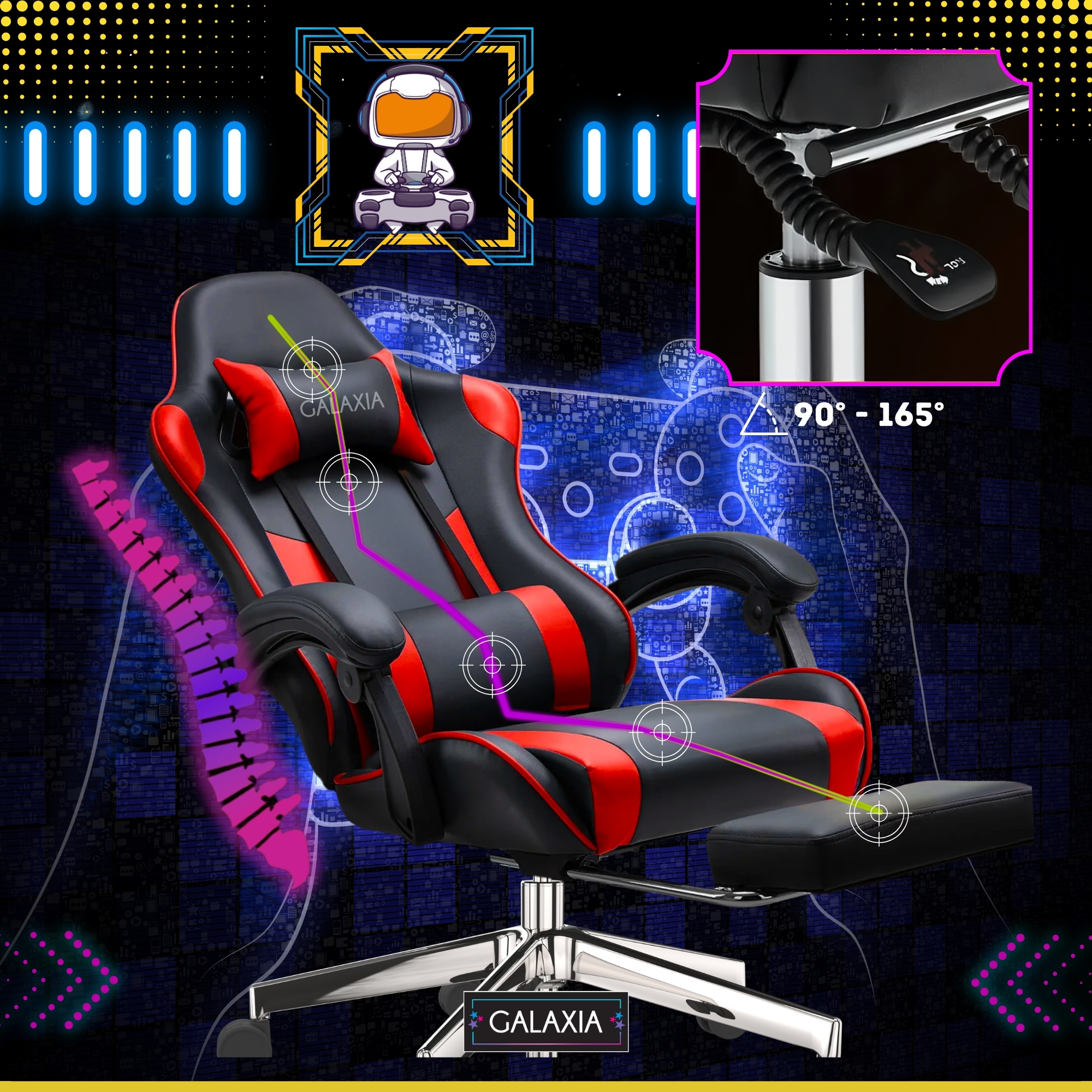 Galaxia® Елегантен черен и червен въртящ се стол за игри с подлакътници и функция за сгъване