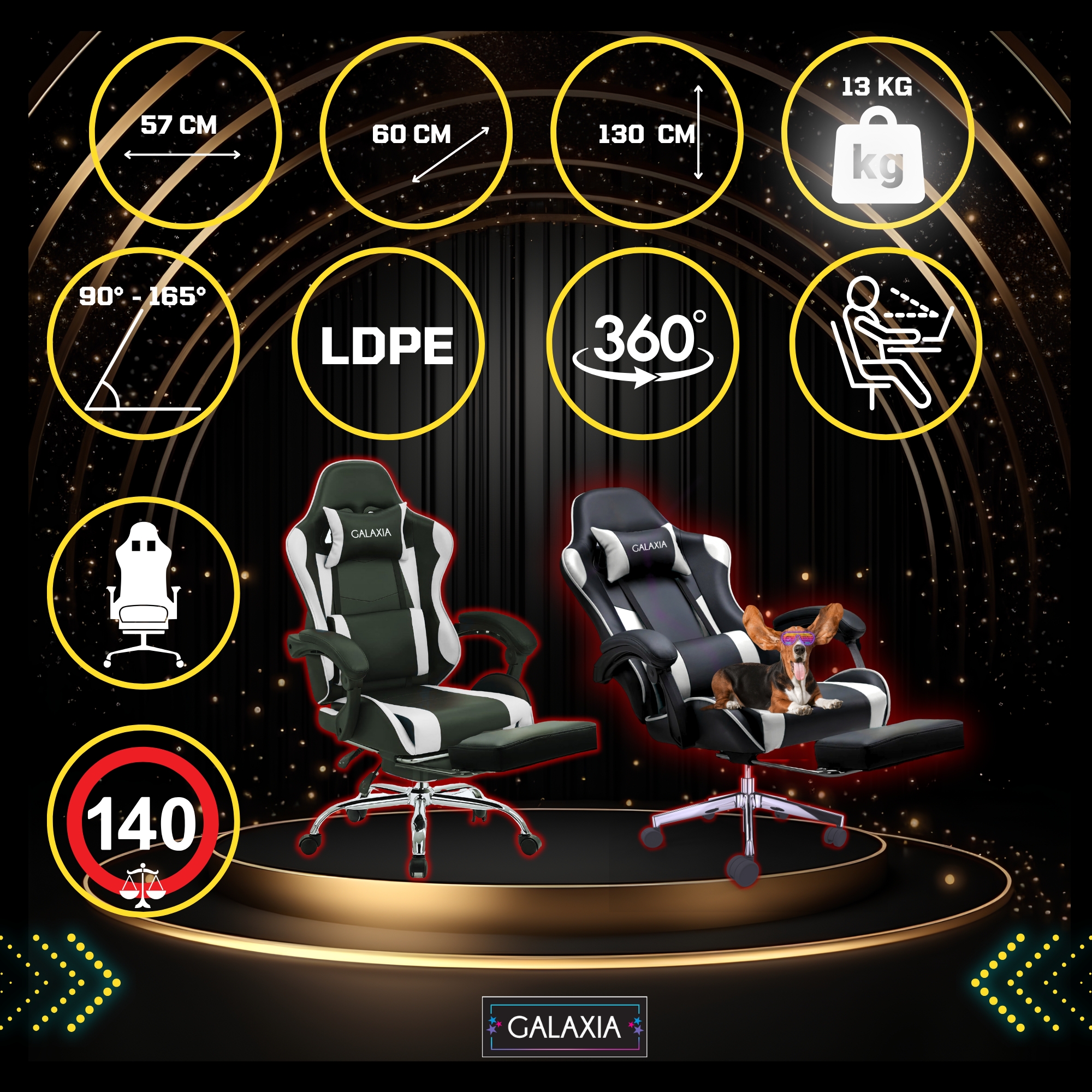 Въртящ се стол Galaxia® за игри с регулируема облегалка, ергономичен и елегантен в черно-бял цвят