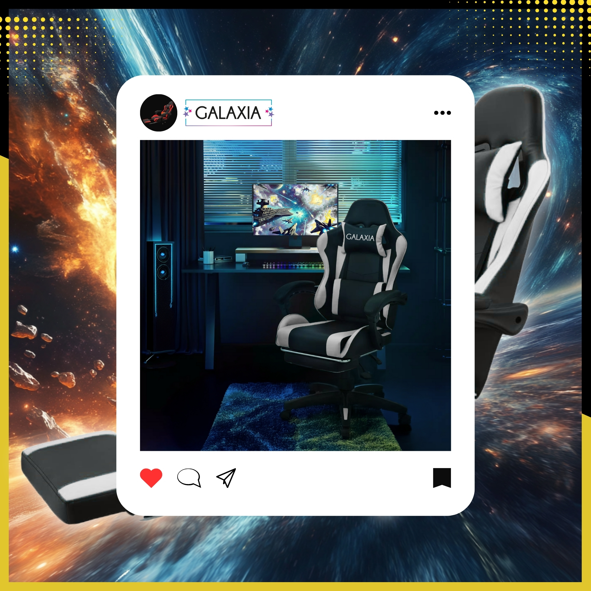Galaxia® Въртящ се стол за игри с регулируема облегалка, регулируема опора за крака и подлакътници, черно-бял