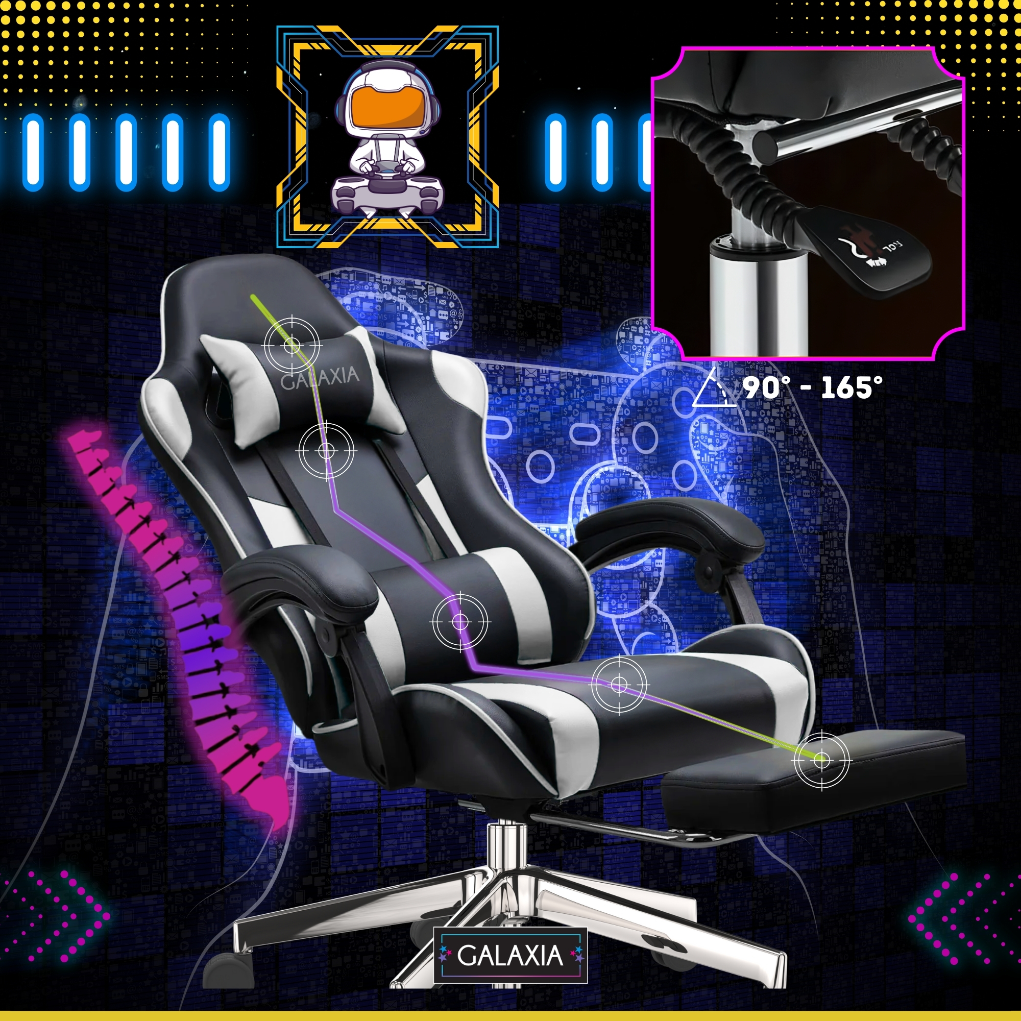 Елегантен стол за играчи Galaxia® Rotatable, черно-бял, с подлакътници и функция за сгъване