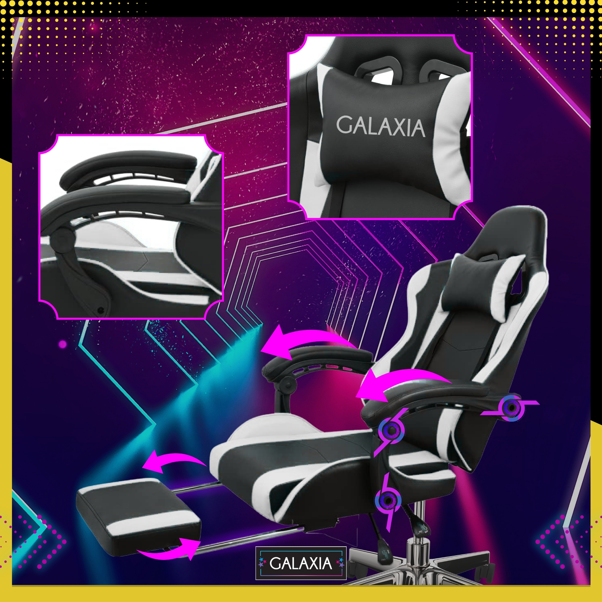 Galaxia® Черно-бял удобен геймърски стол с ергономична облегалка и функция за въртене на 360°