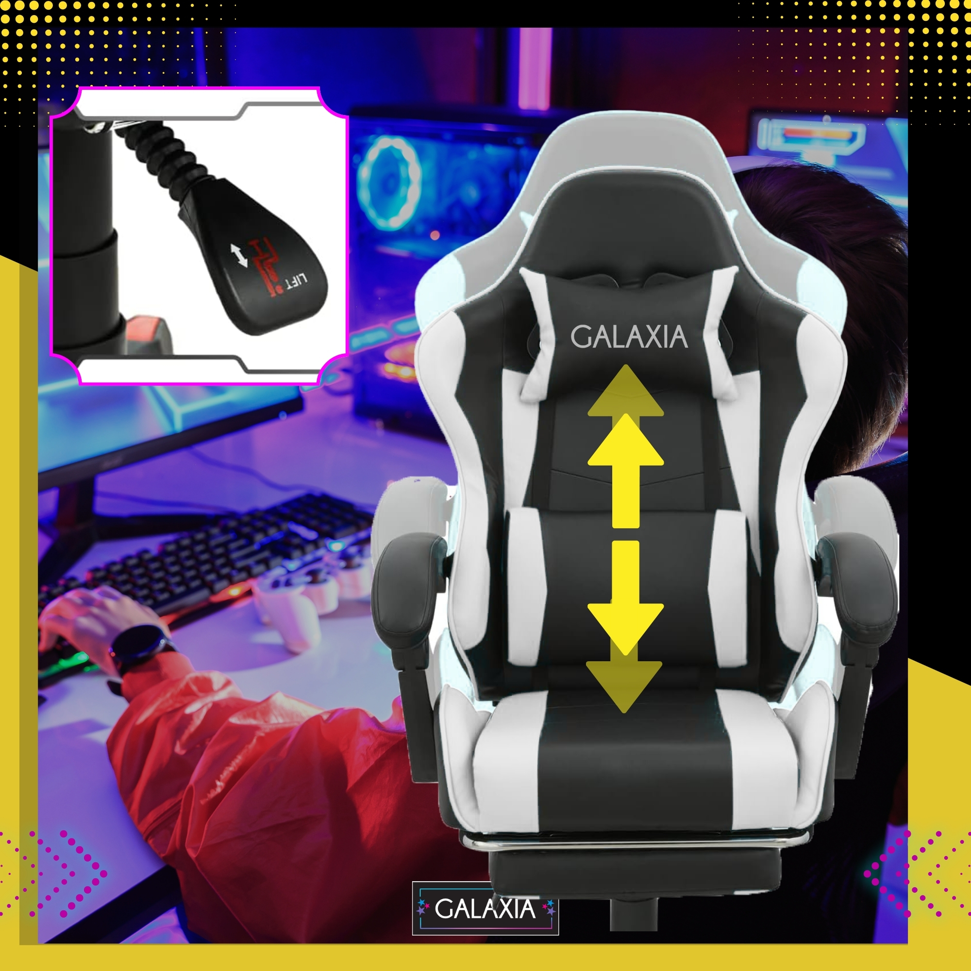 Galaxia® Удобен геймърски стол за играчи с въртяща се функция и регулируема облегалка, черно-бял