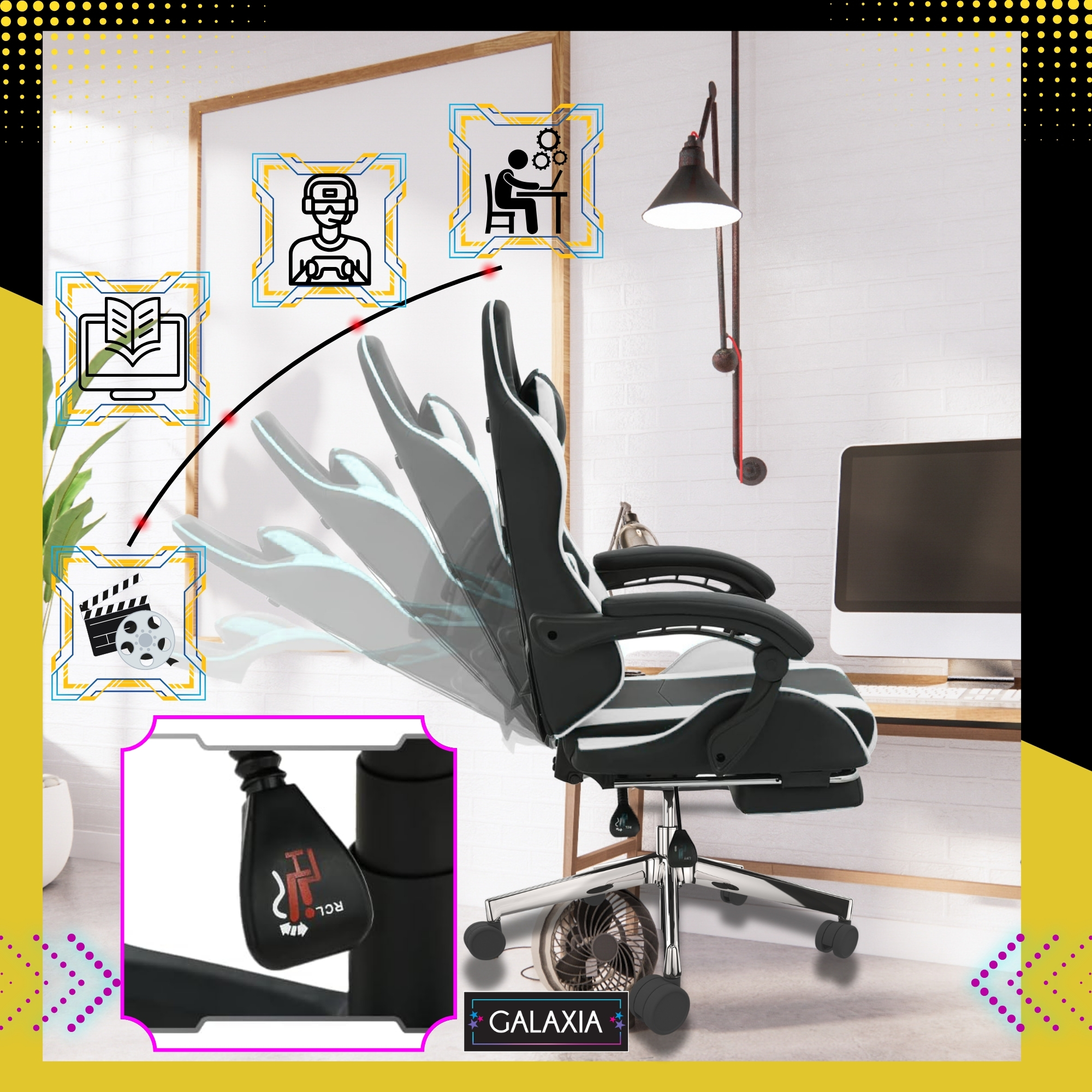 Galaxia® Въртящ се стол за игри за играчи с поставка за крака и функция за сгъване, черно-бял, за тийнейджъри и възрастни