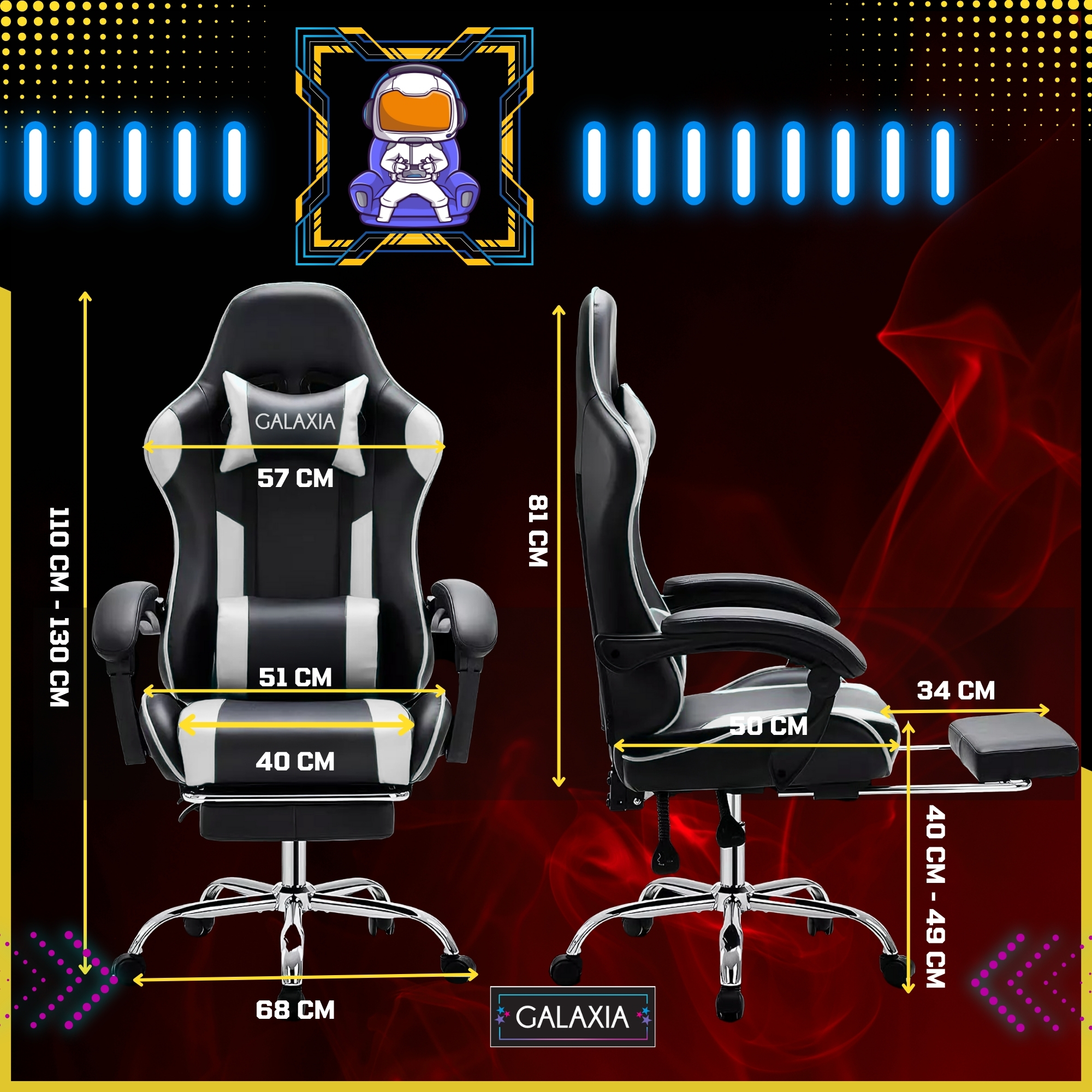 Galaxia® Черно-бял въртящ се стол за игри с поставка за крака и дишаща екокожа