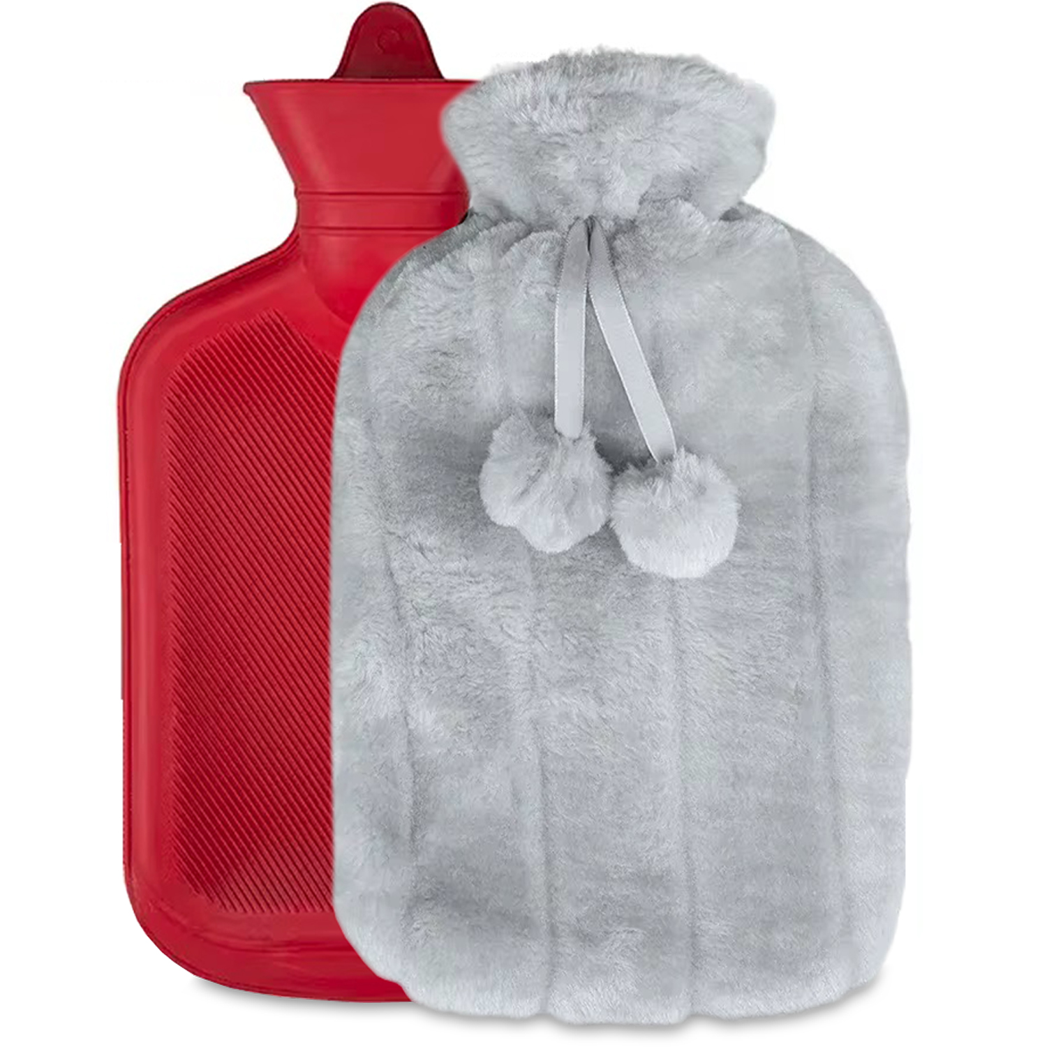 Termofor cu husa de plus moale, imitatie blana gri, capacitate 2L, ideal pentru relaxare si alinarea durerilor musculare.