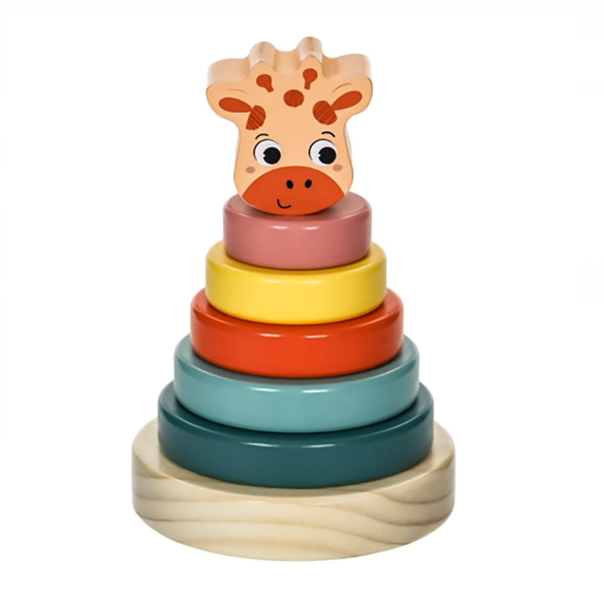 Jucarii si joaca - Piramida Educativa din Lemn cu 5 Inele Girafa 10x14cm