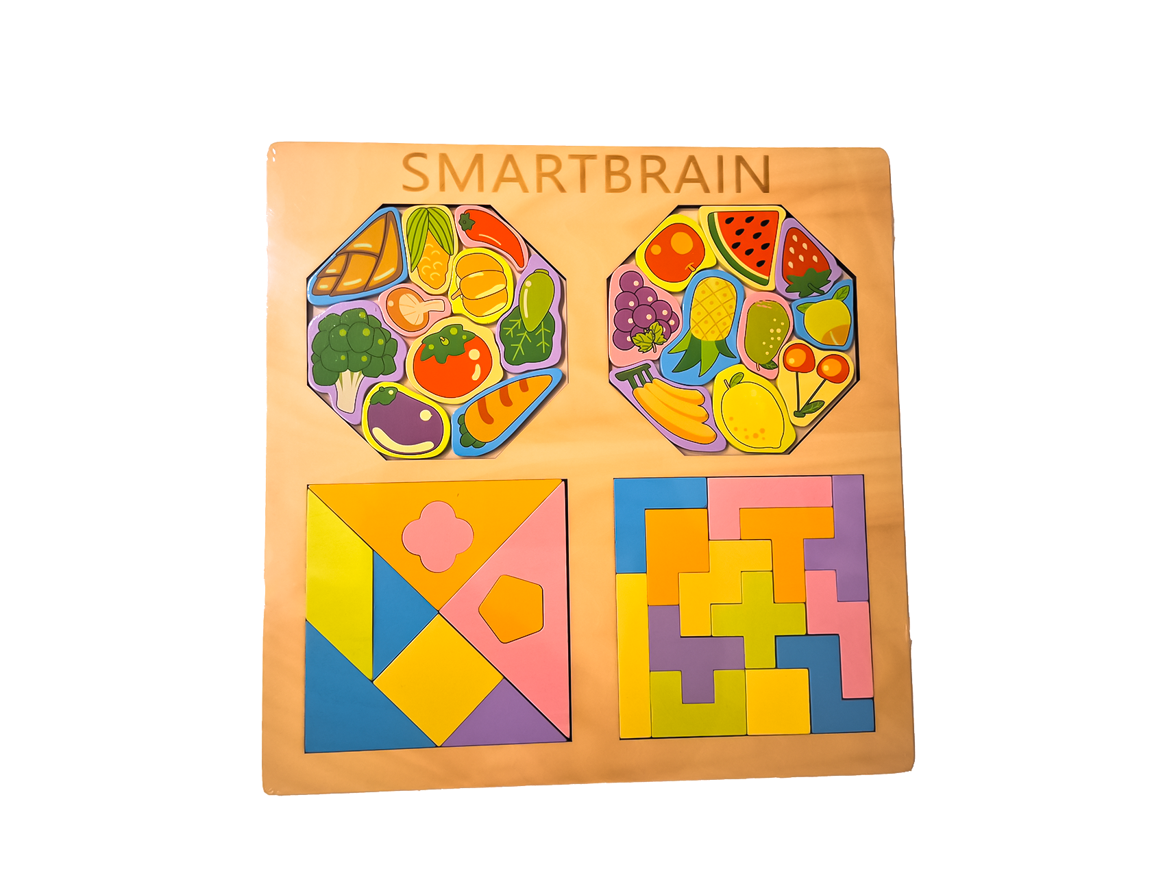 Jucarii si joaca - Puzzle lemn tip Montessori, contine legume, fructe, forme geometrice, dezvolta logica si abilitatile motorii fine, multicolor