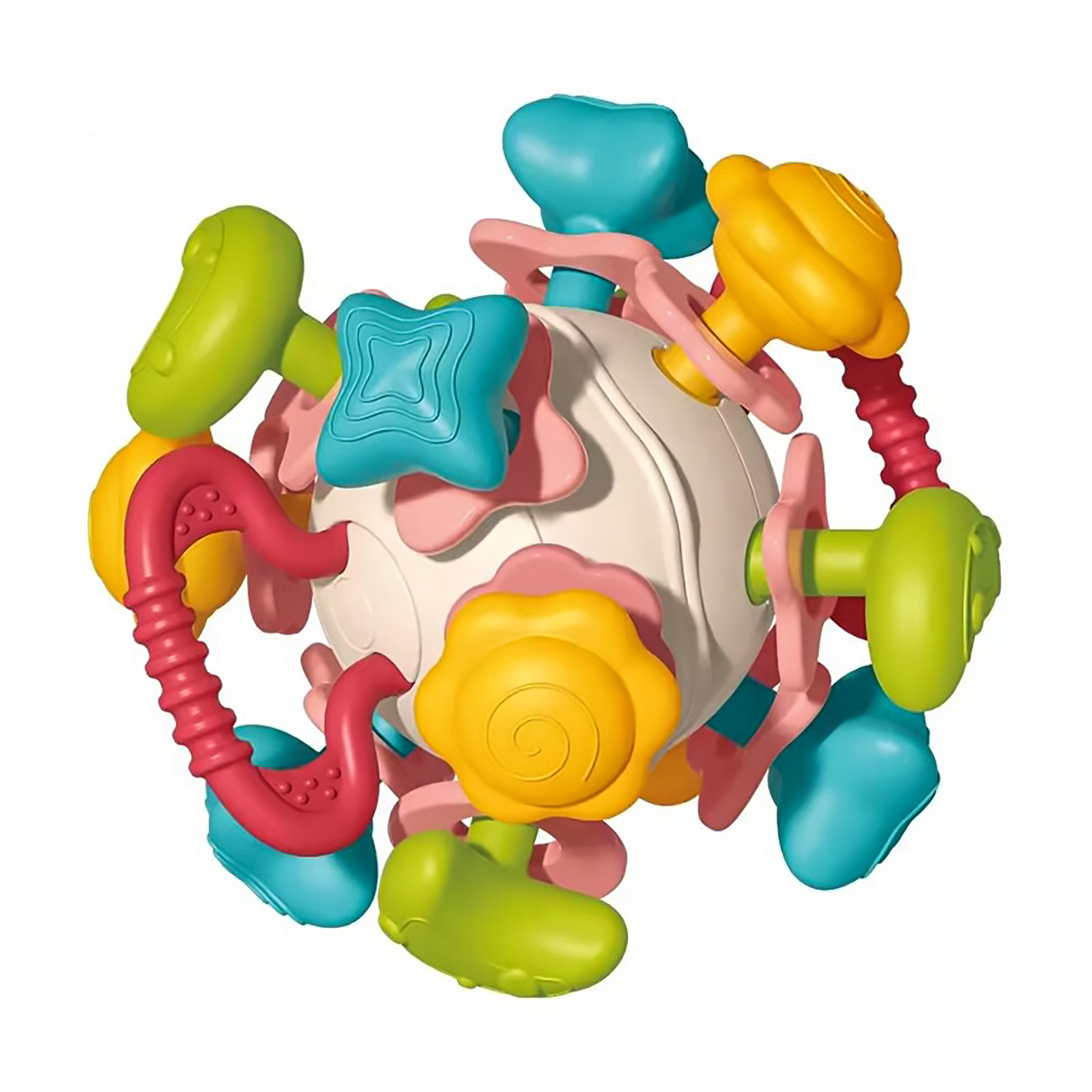 Jucarii si joaca - Jucarie Educativa Senzoriala pentru Bebelusi, Minge Spatiala, Elemente Zornaitoare, Ideala pentru Dentitie Bebelusi, din Silicon si Plastic Fin