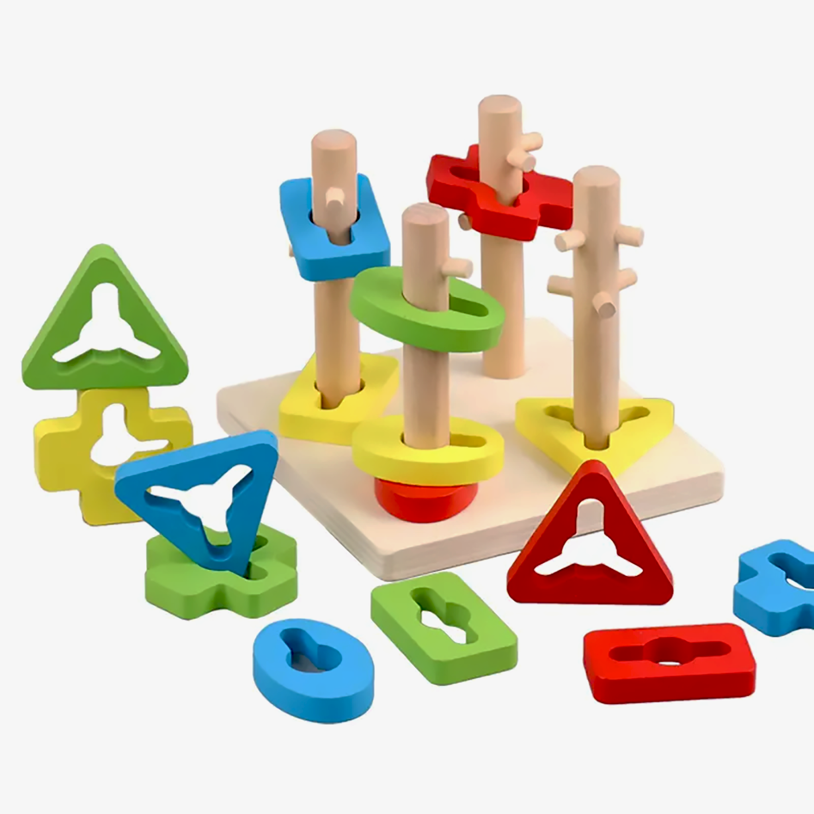 Jucarii si joaca - Joc lemn tip Montessori cu 4 coloane sortatoare forme geometrice, dezvolta abilitati motorii fine, multicolor