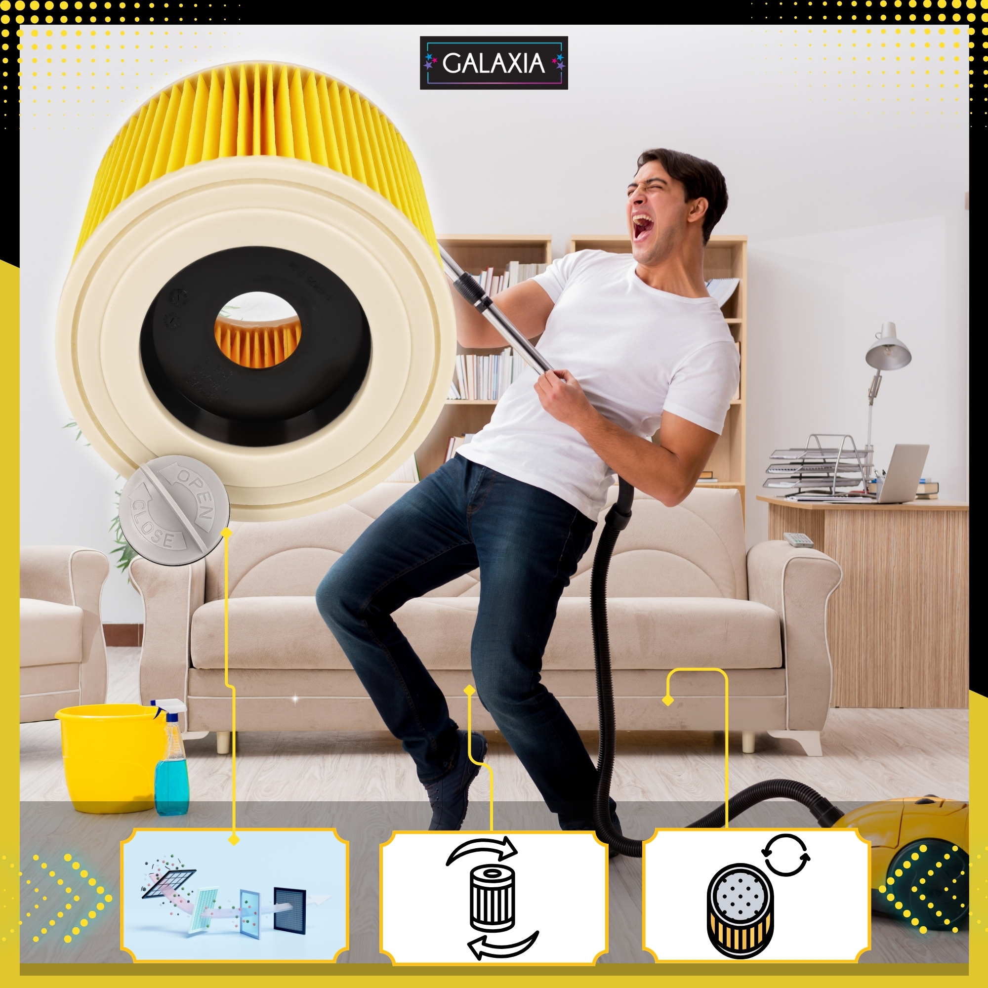 GALAXIA Set de 3 filtre pentru aspiratoare Kärcher WD2 WD3 MV2 MV3 SE4001 – scuturare usoara