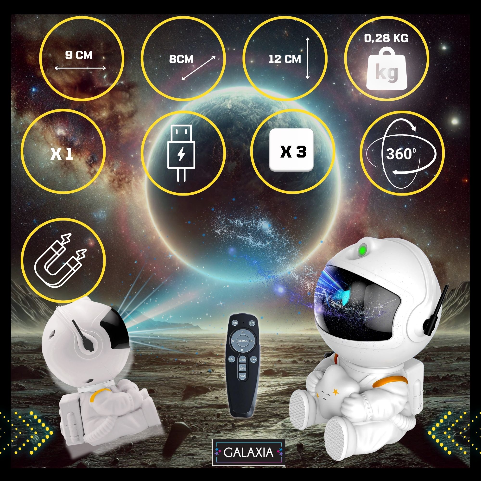 Galaxaxia® Proiector de Stele Astronaut – Creeaza o Atmosfera Cereasca in Camera! 8 Efecte, Temporizator, Telecomanda, Lampa de Noapte LED