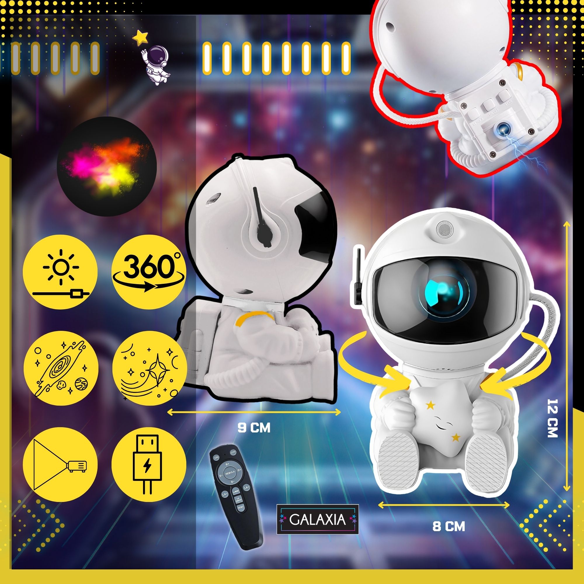 Proiector Magic de Stele Astronaut Galaxaxia® – 8 Efecte Cosmise, Temporizator, Telecomanda, LED, Decoratiune pentru Dormitor si Living