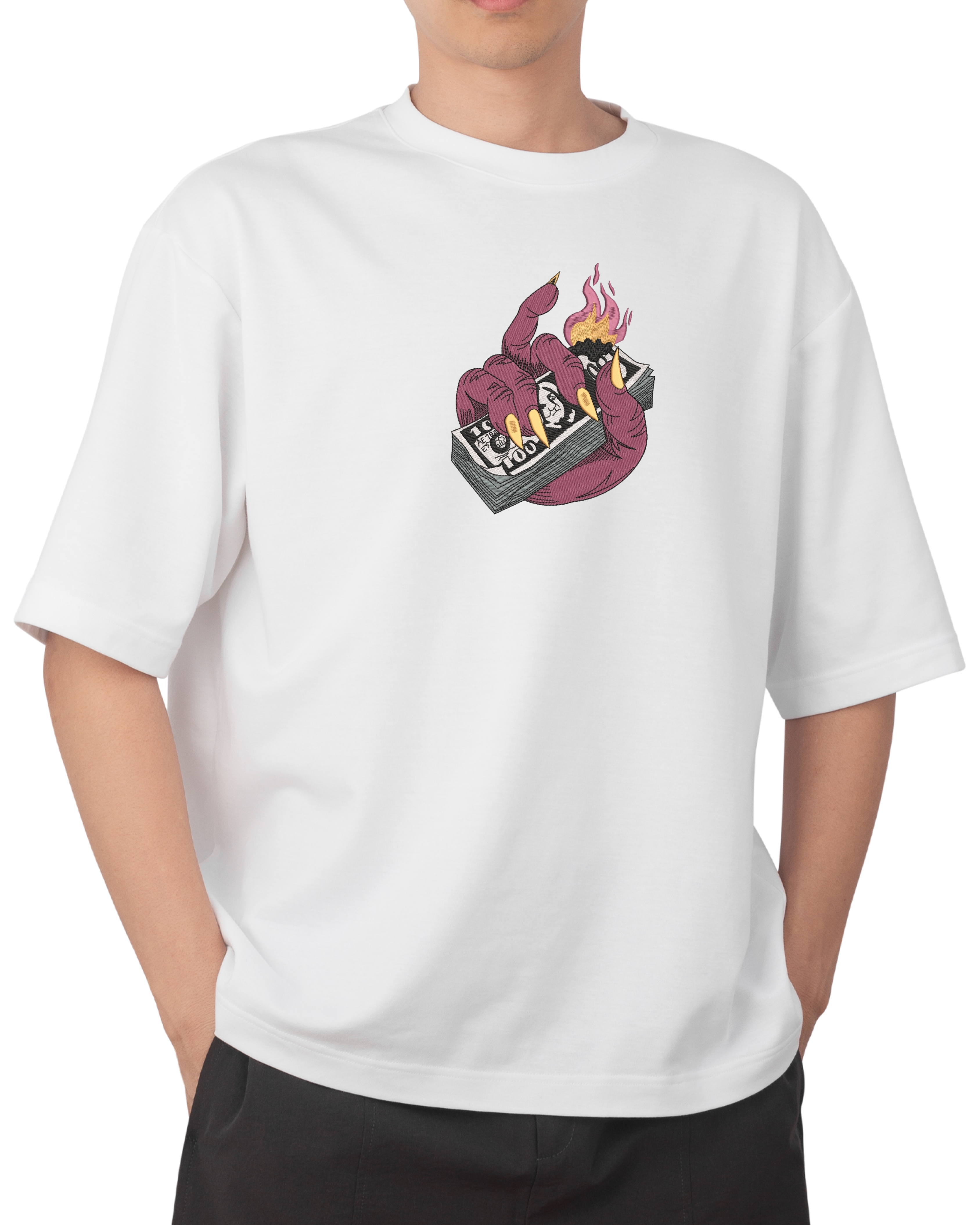 Tricouri Barbati - Tricou Barbati cu Broderie, Burning Money, Bumbac