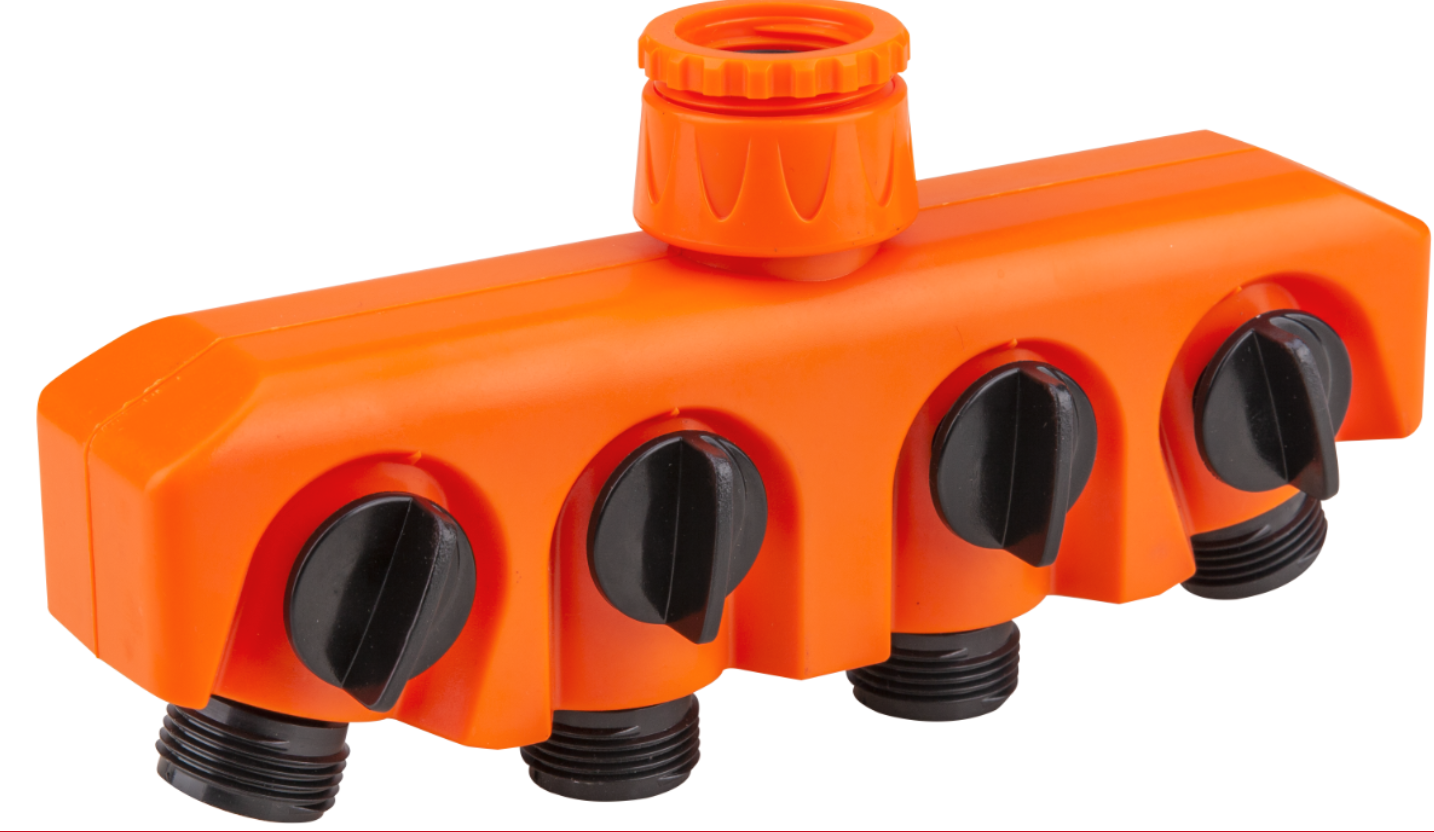 Accesorii irigare - Distribuitor Furtun 4 Cai ETS. EvoTools este confectionat din ABS, permitand conectarea a 4 furtunuri cu diametrul de 3/4"