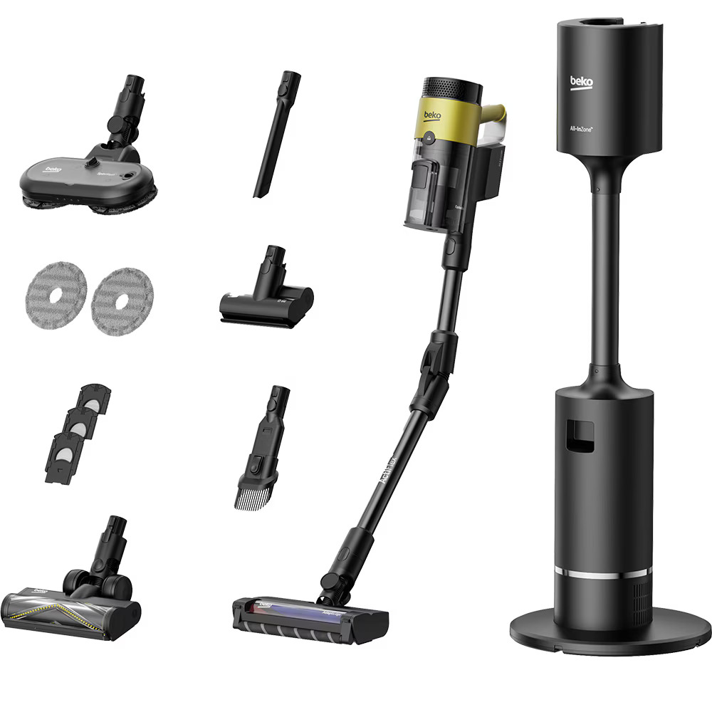 Aspirator vertical cu lavete mop integrate BEKO VRT97325VY, 450 W, 2,5 l, autonomie max 60 min, tub flexibil, perie Turbo, ideal par animale, curatenie fara efort chiar si sub mobila, negru-galben [1]